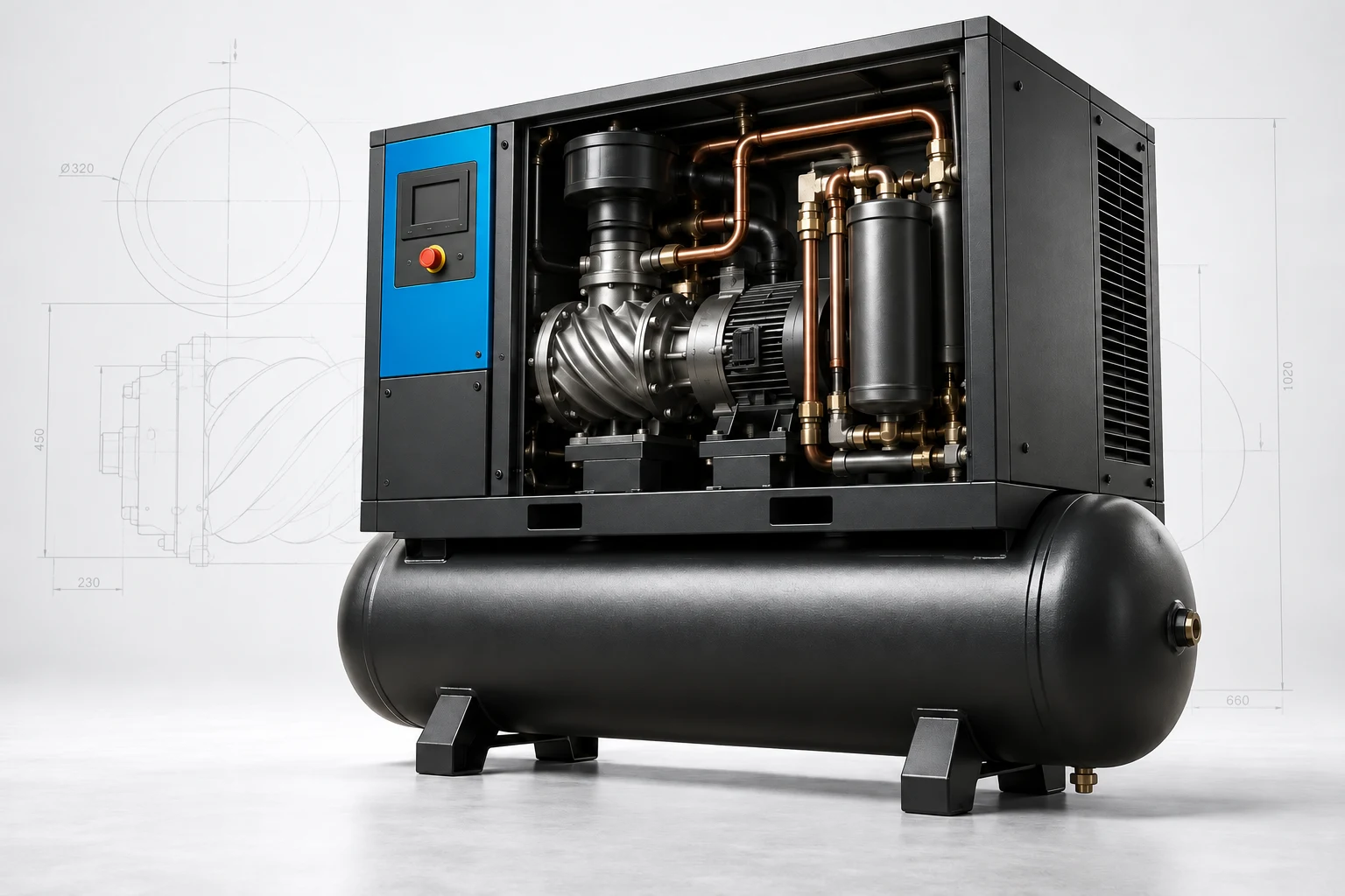 Illustrative studio rendering of an industrial air compressor